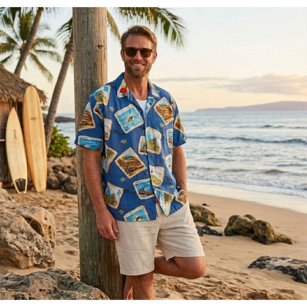 Kole kole Hawaiian Shirt Mens Big Tall 3XL Camp Button Front Blue Postcard Vtg
